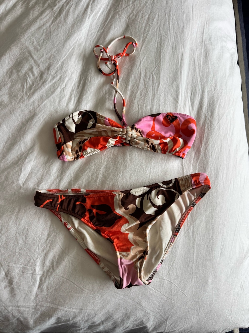 Roxy Women's Multicolor Bandeau Bikini - Pink, Orange & Brown Print